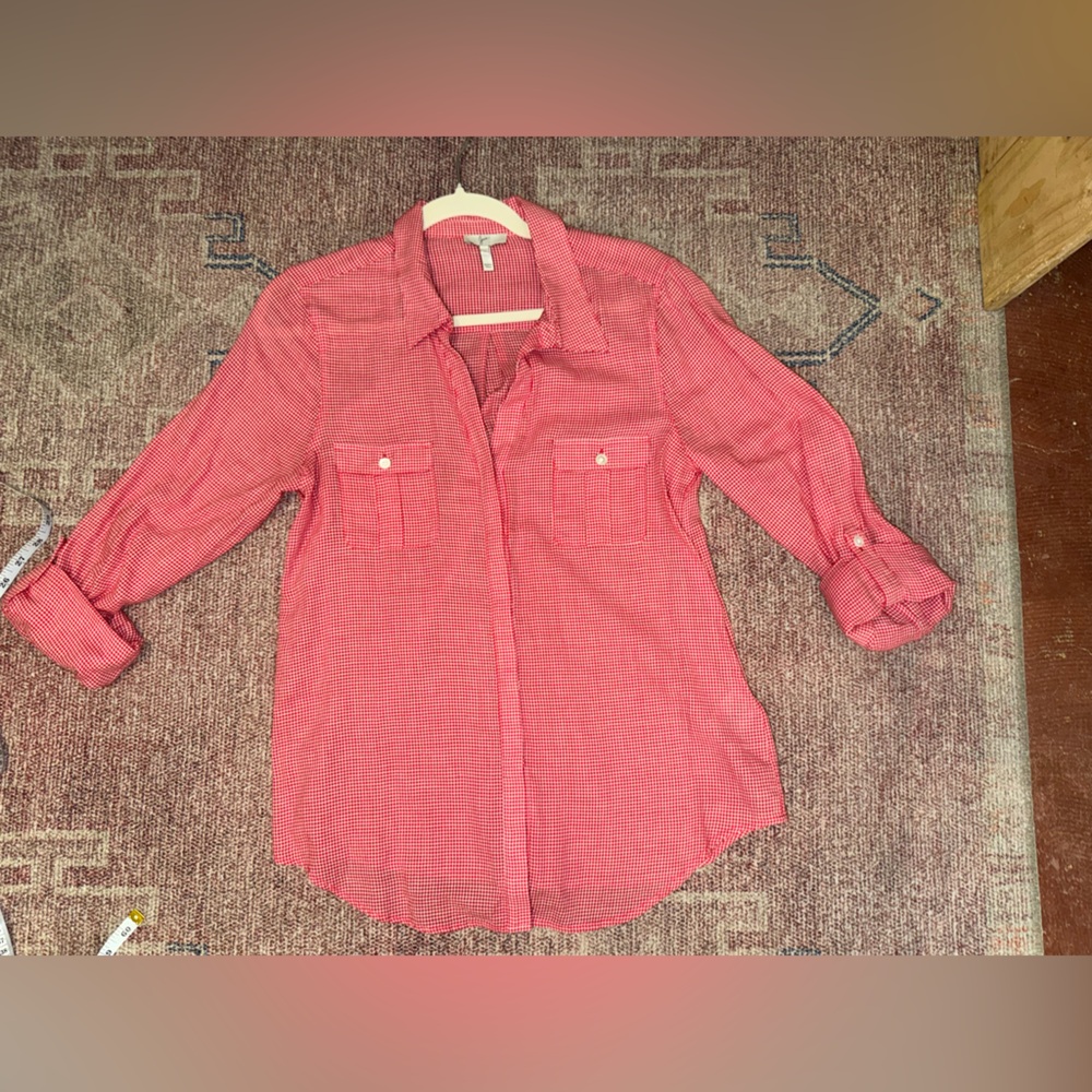 Joie red and white gingham cotton long sleeve fitted button down top size small